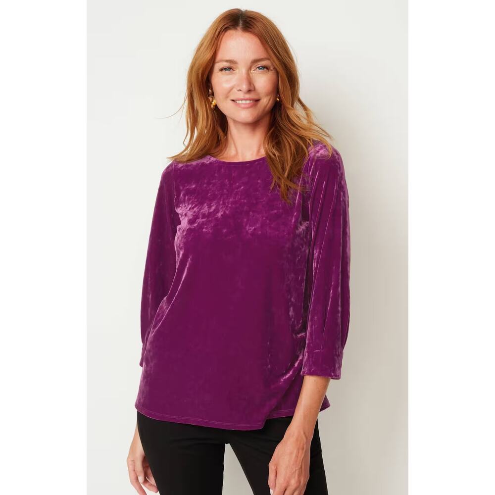 New J. Jill Crushed Velvet Top Blouse Purple Crew Neck Pullover 3/4 Sleeve Sz XL